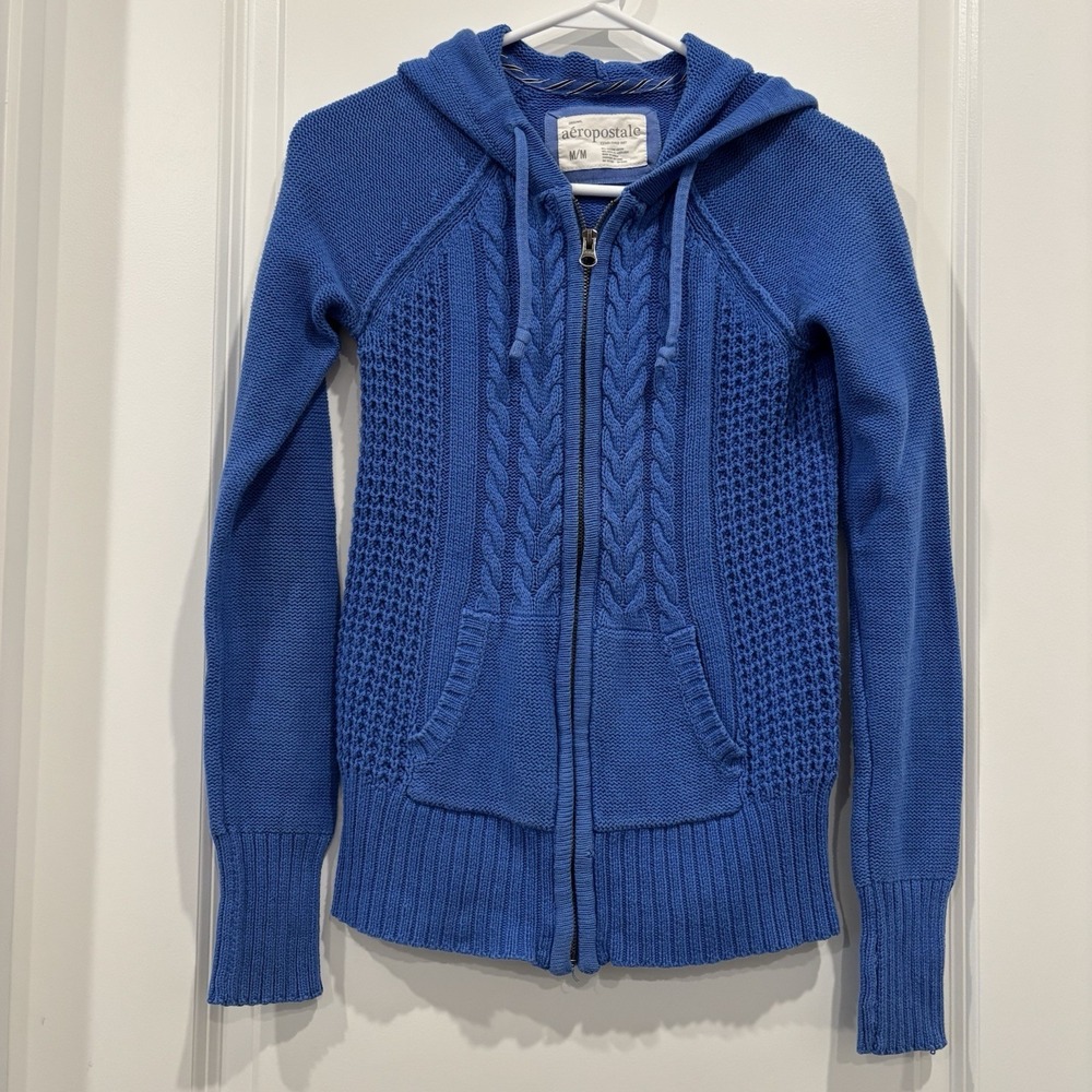 Aeropostale Knit Full Zip Hooded Sweater Womens Blue Size M Hoodie - Y2K Vintage